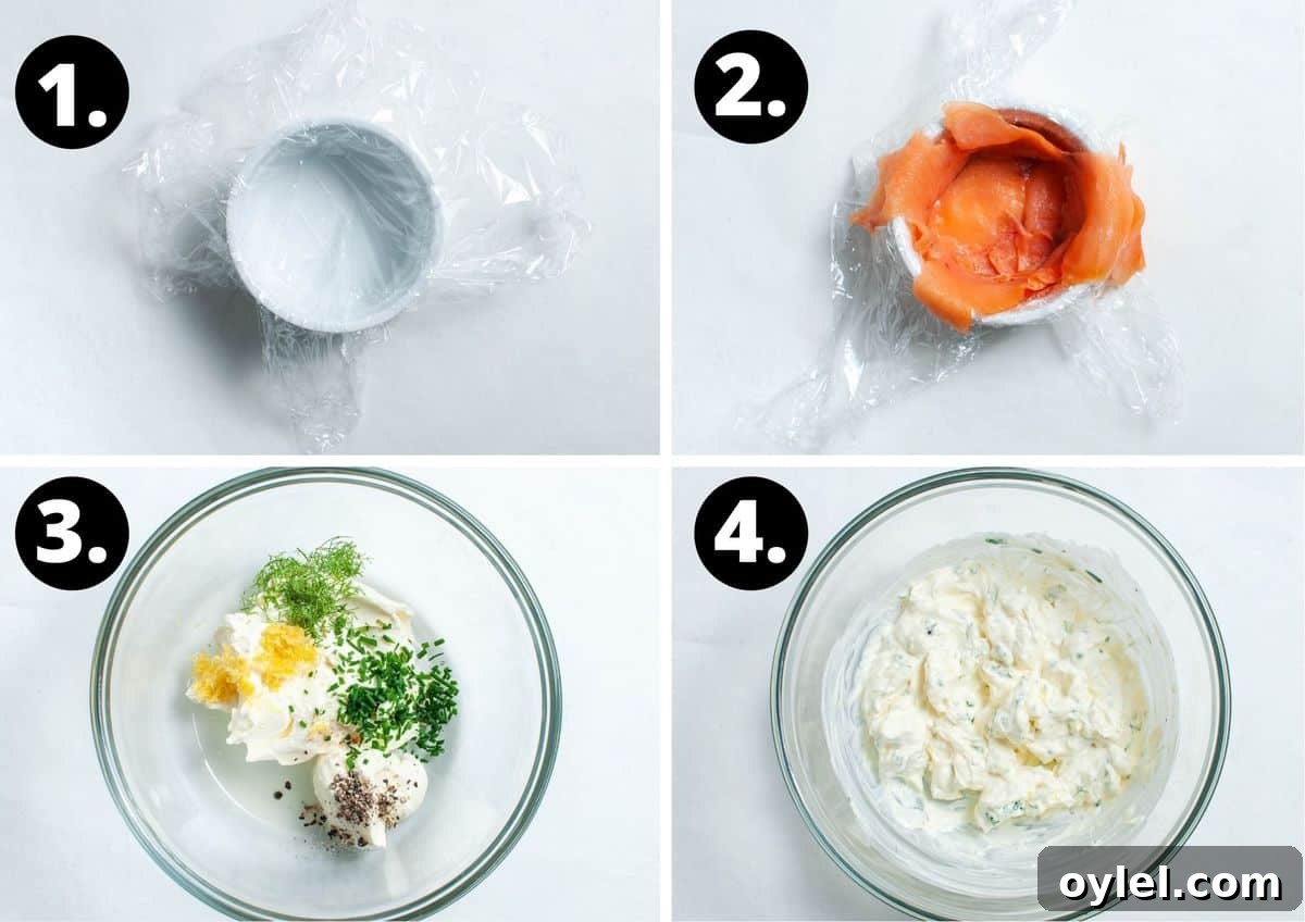 Smoked Salmon Puff Pastry Parcels 5 The first four steps to make this recipe - line a ramekin with cling film and then smoked salmon, the ingredients for the mixture in a bowl, and the mixed cream cheese filling.