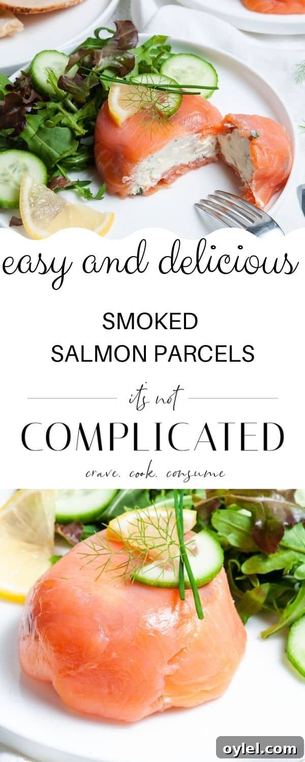 Smoked Salmon Puff Pastry Parcels 8 pinterest image with photos of recipes top and bottom and text overlay in centre.
