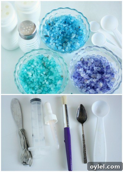 Melt Elsa's Frozen Hands: Preschool Sensory Science Experiment 2 blue, green and purple coloured salt, small scoops, spoons and syringes