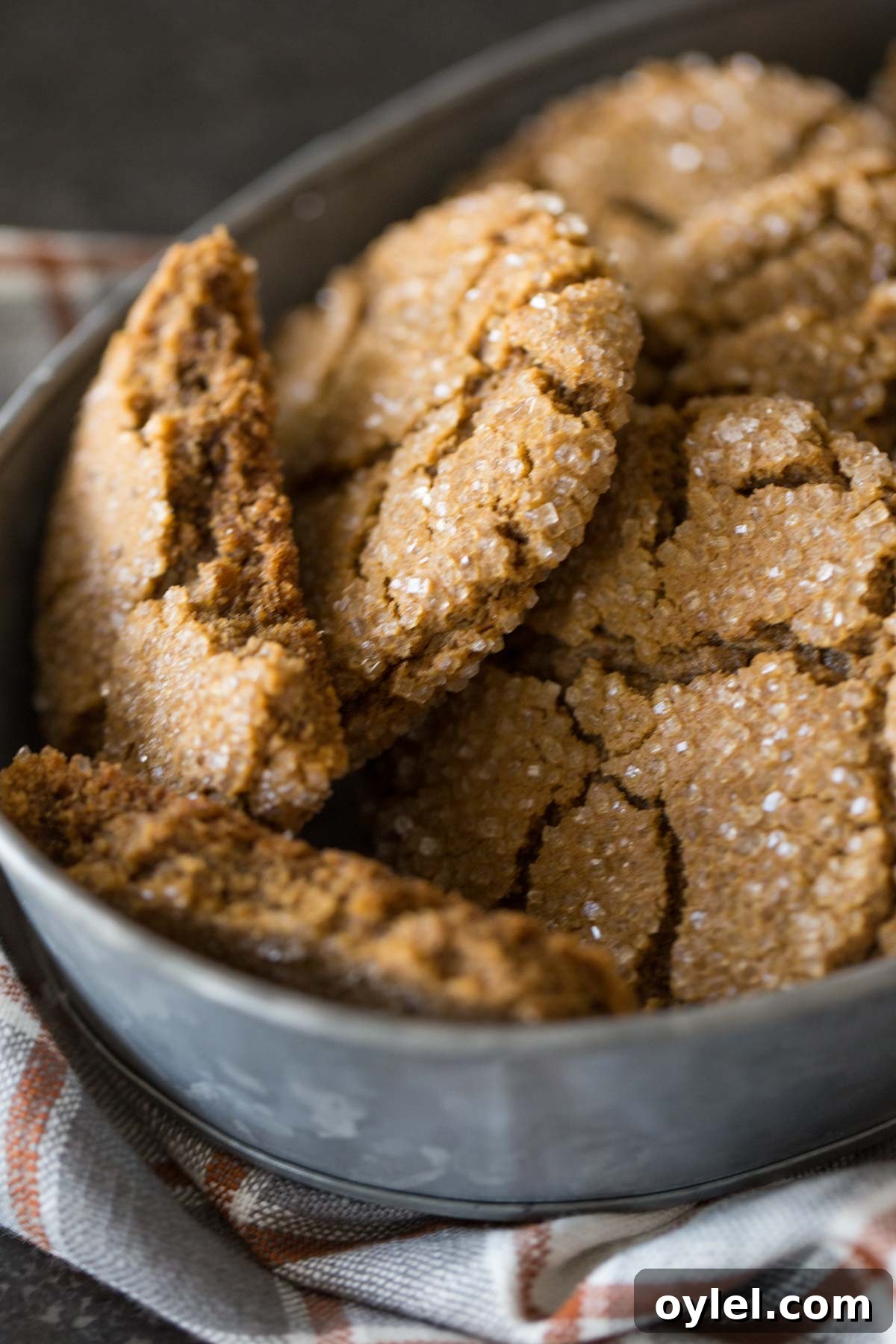 Peanut Butter Molasses Cookies in a galvanized bowl, with one of the cookies broken in half.