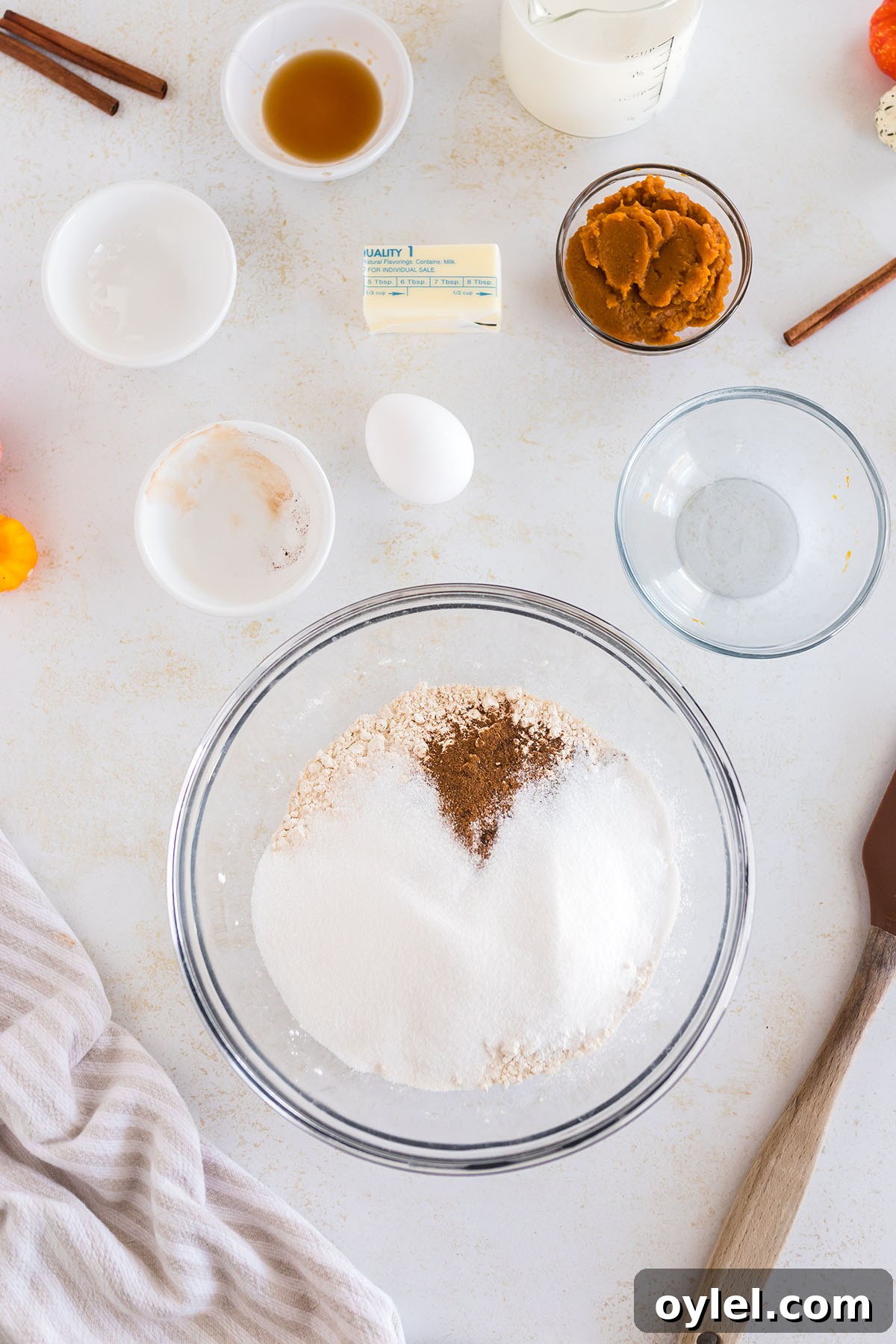Dry ingredients for pancakes in a mixing bowl.