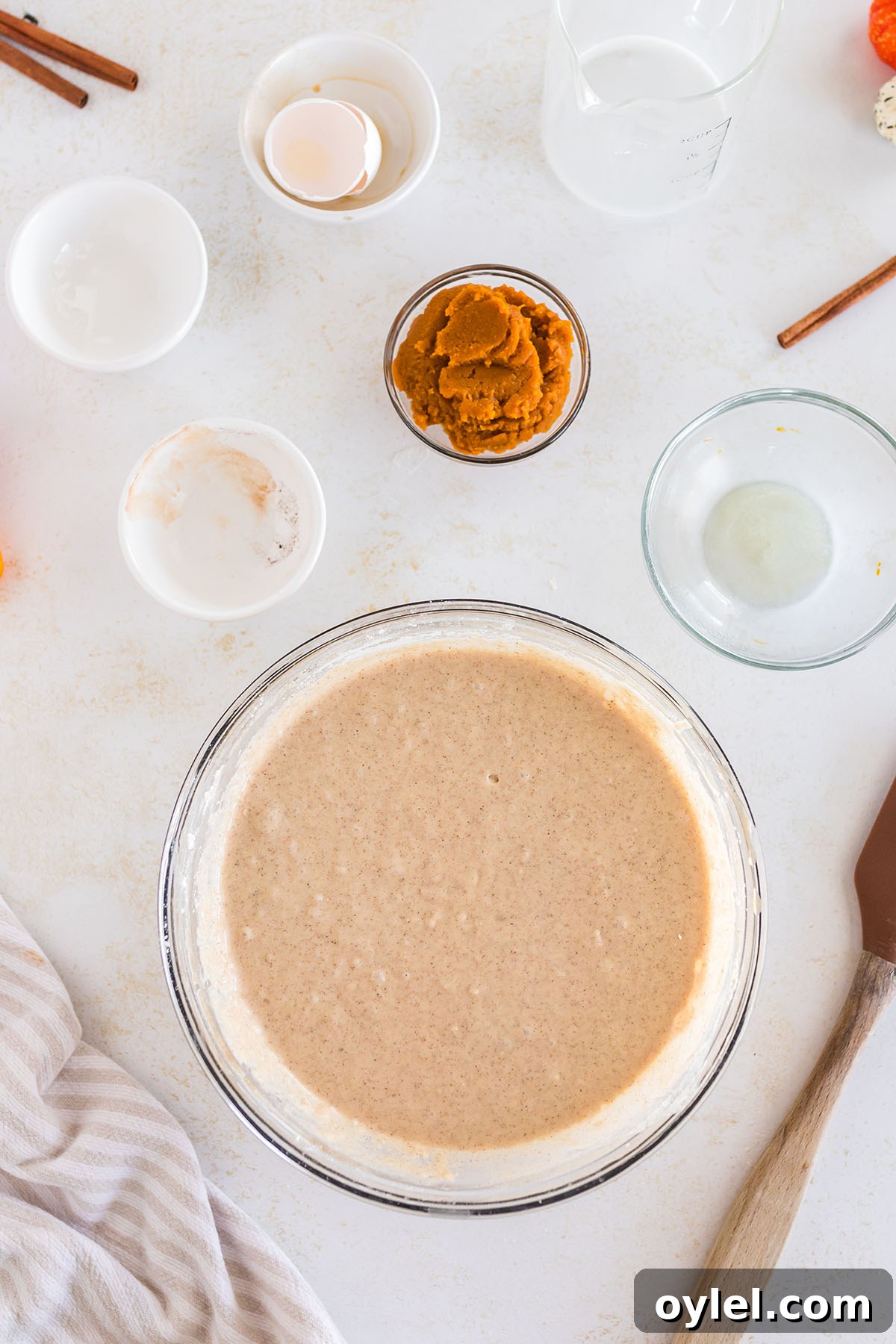 Wet and dry ingredients mixed together in a mixing bowl.