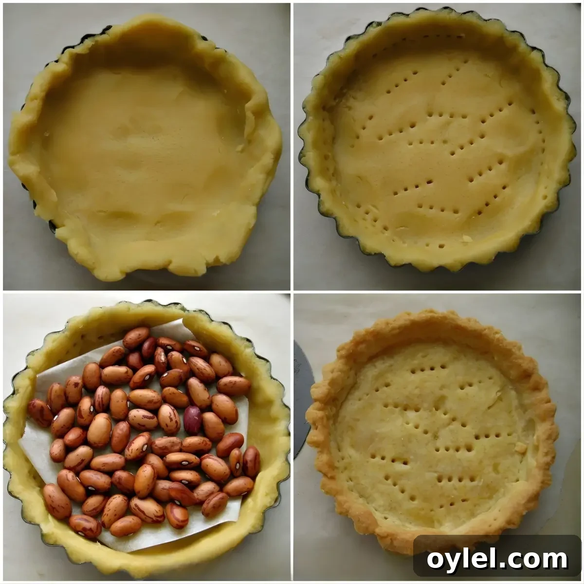 Nutella Tart Recipe: Chocolate-Hazelnut Tartlets 4 Collage showing dough in the tin, pricked dough, beans for blind baking, and a baked tart shell.