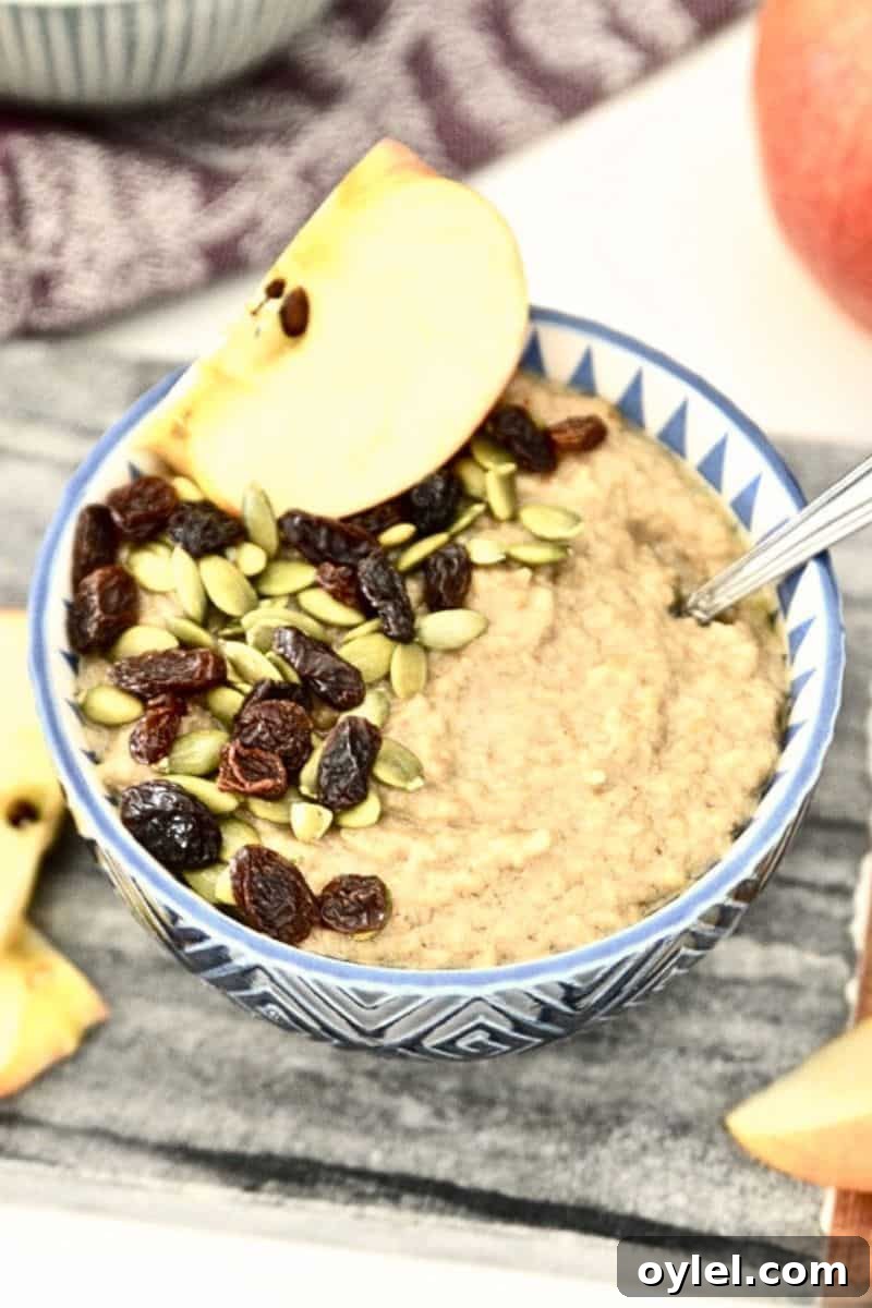 Paleo Caramel Apple Oatmeal Recipe 3 A bowl of grain free oatmeal topped with raisins, pumpkin seeds and an apple slice.