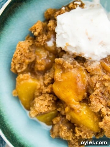 A bowl of peach cobbler topped with vanilla ice cream with a spoon in it.