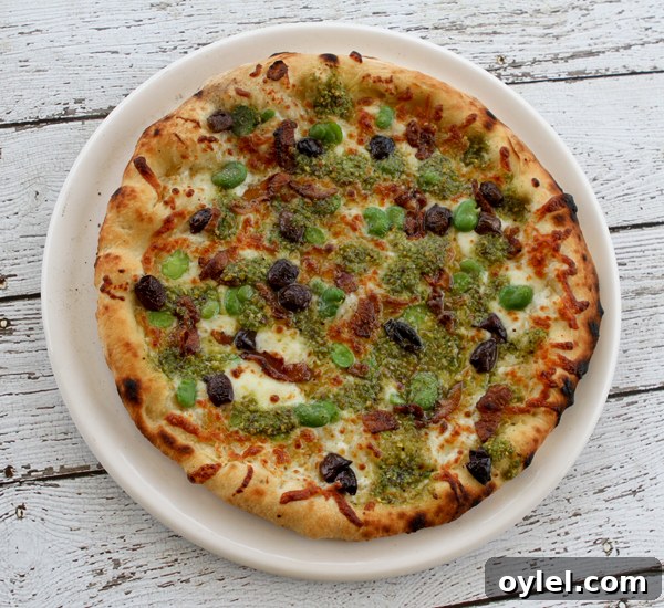 Fava Pesto Pizza with Fresh Favas, Black Olives and Taleggio 2 favapizza3