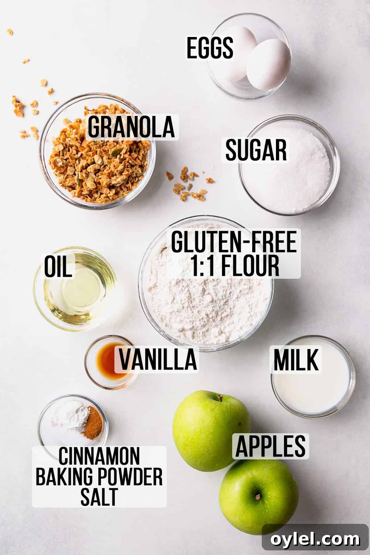 Ingredients for muffins measured out in bowls.