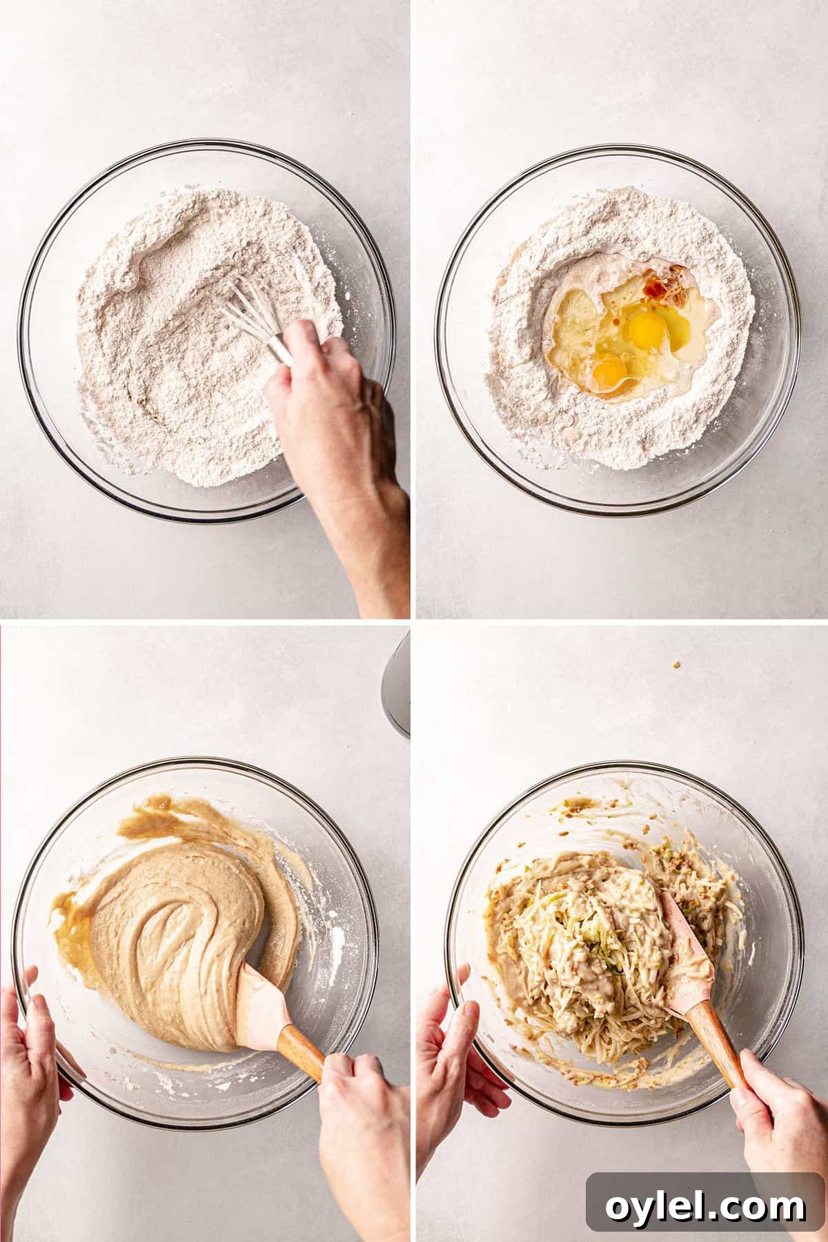 Mixing the muffin batter in a large glass mixing bowl.