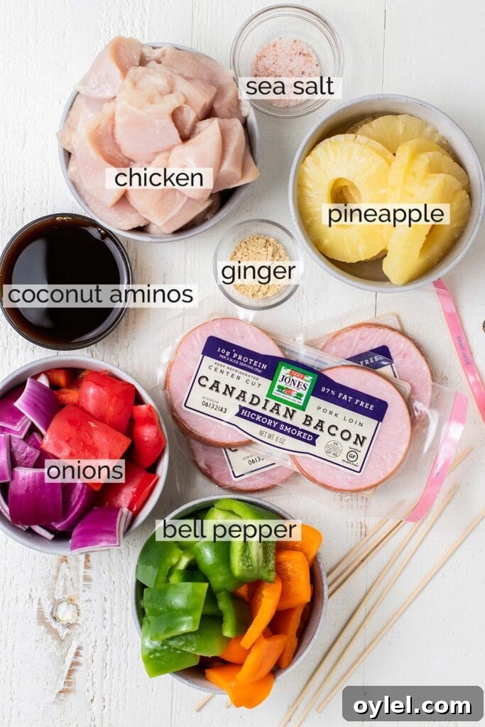 The ingredients needed to make teriyaki chicken skewers.