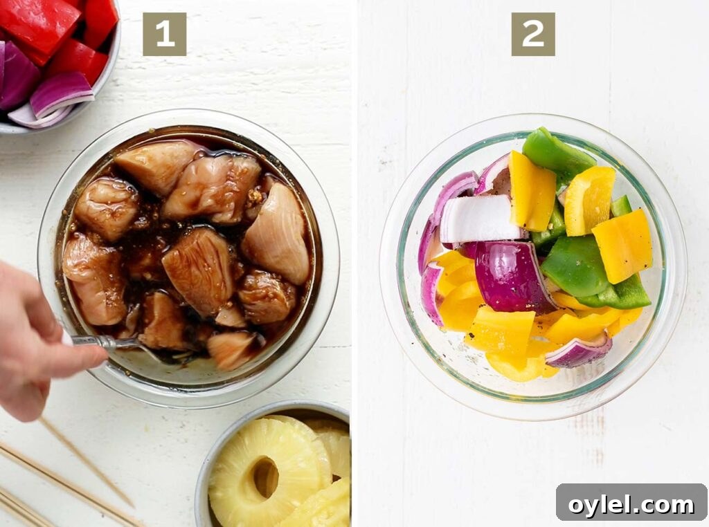 Step 1 shows marinating the chicken, and step 2 shows tossing the vegetables with avocado oil, salt and pepper.