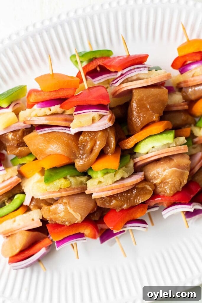 A plate of skewers prepared and ready to be grilled.