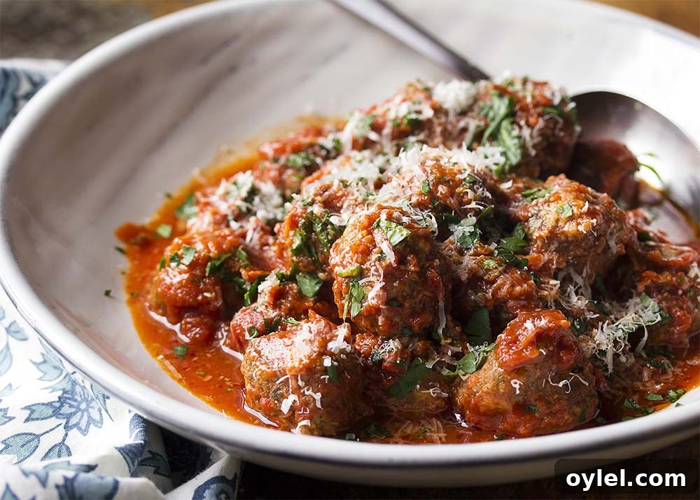 Close up top view of a serving bowl filled with authentic ground beef Italian meatballs in marinara sauce and topped with parmesan. Close up of a serving bowl filled with authentic Italian meatballs in marinara sauce.