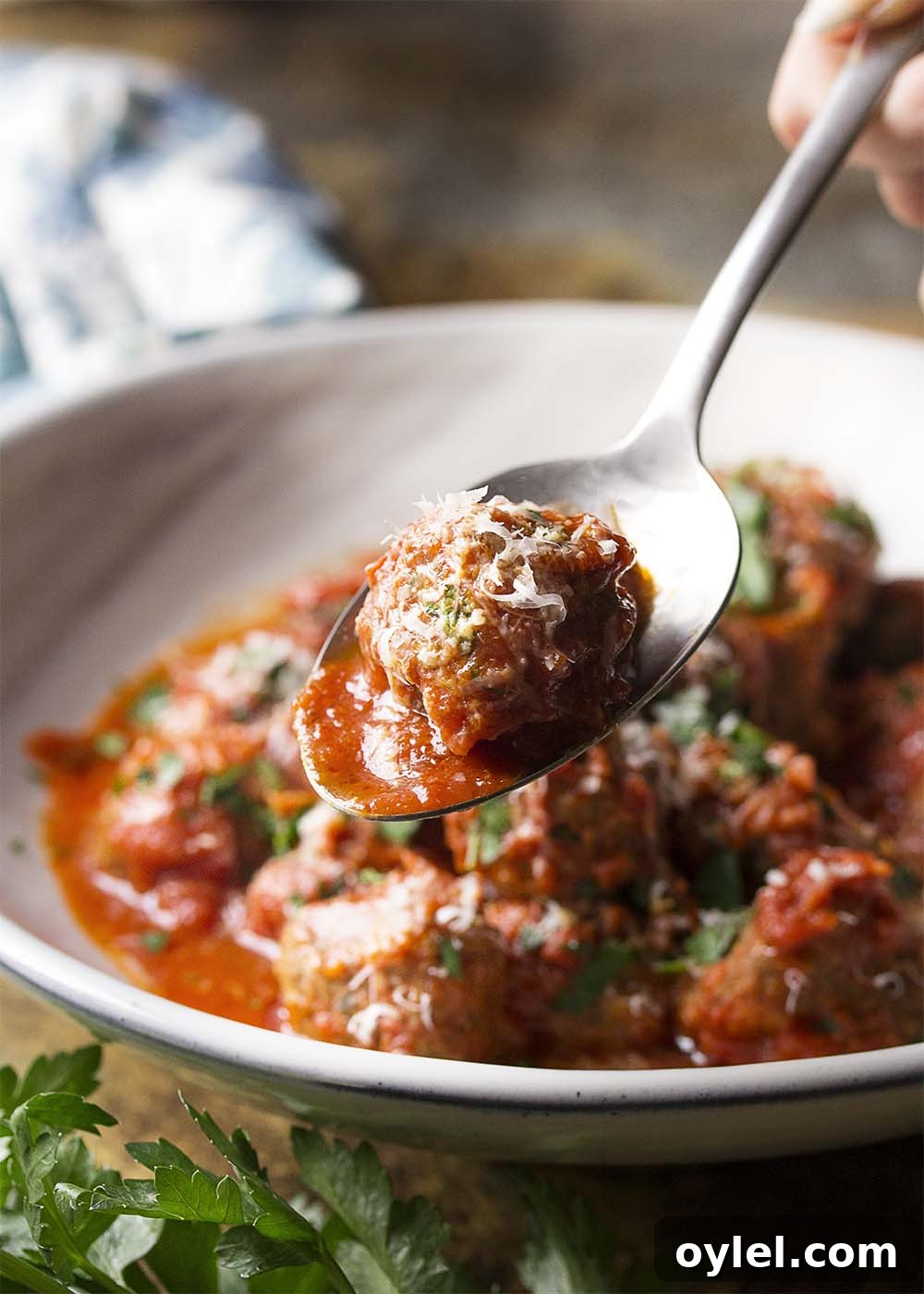 Meatball held on a spoon and in a serving bowl. A serving spoon holding up a homemade meatball covered in parmesan sauce.