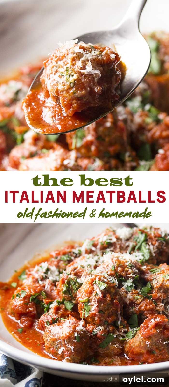 How to Make Authentic Homemade Italian Meatballs 2 Meatball held on a spoon and in a serving bowl with text overlay - Italian Meatballs.