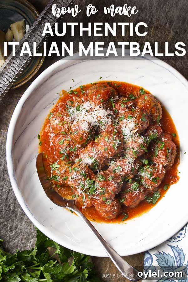 A serving bowl of meatballs with text overlay - Authentic Italian Meatballs.
