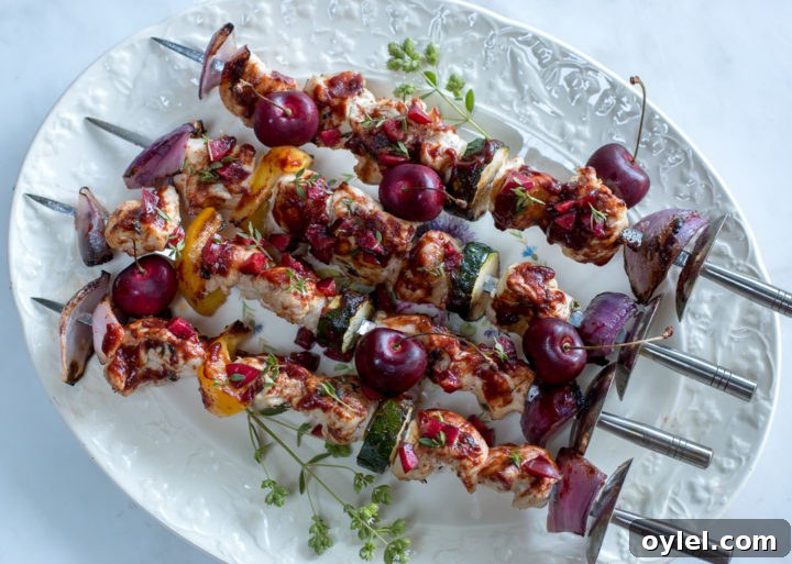 20 Spring Recipes to Brighten Your Table 12 Fresh Cherry BBQ Sauce ~ Over Chicken & Veggie Kebobs on a vintage platter