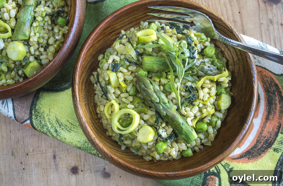 20 Spring Recipes to Brighten Your Table 4 Brown Rice Risotto with Spring Vegetables in wooden bowls
