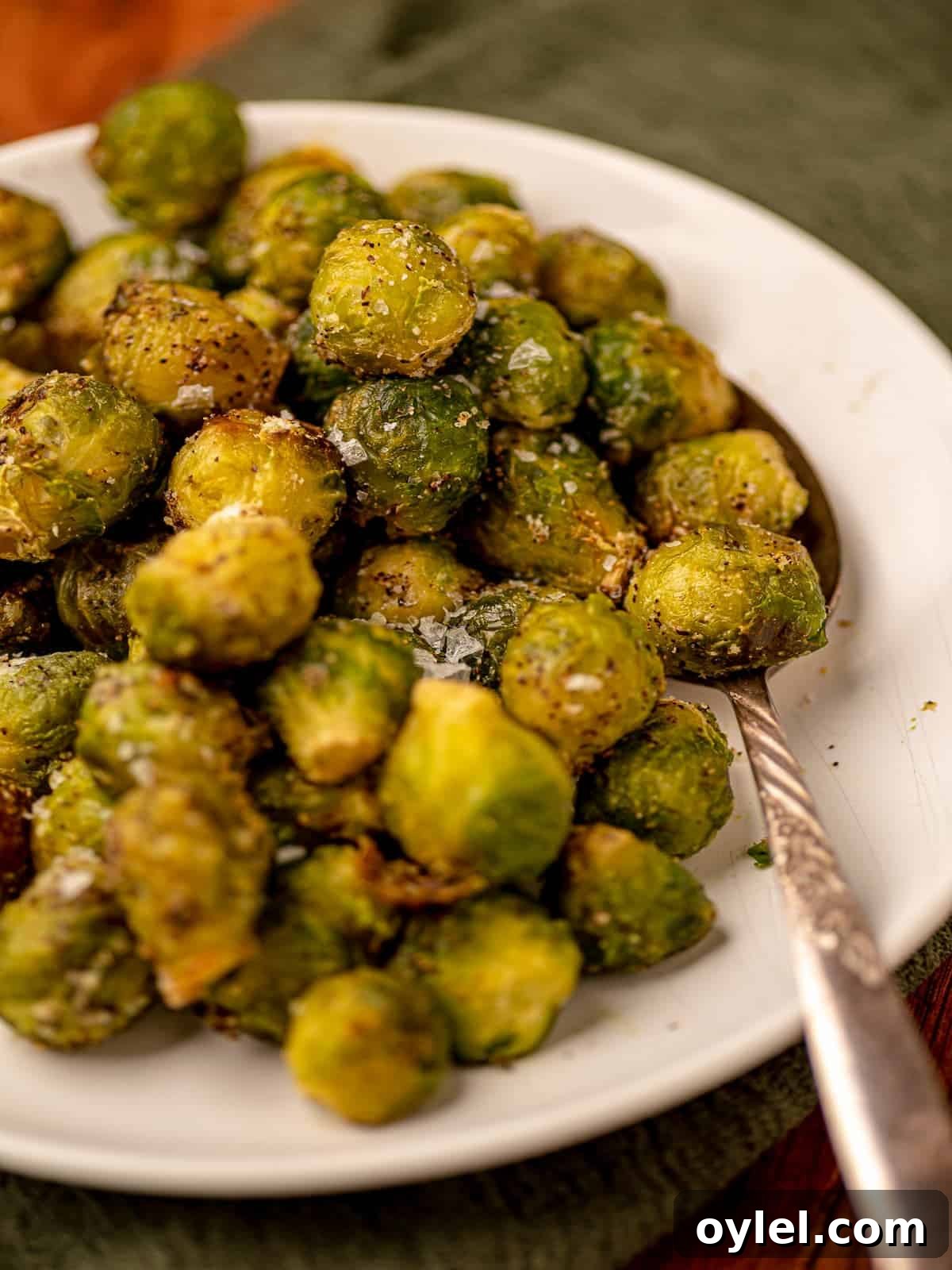 Closeup view of brussels sprouts on a white plate.
