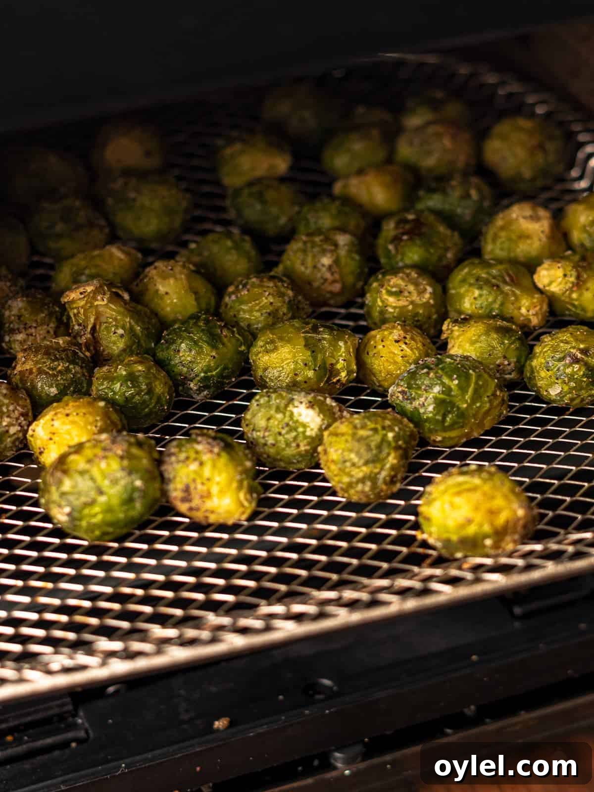 Air fryer tray of brussels sprouts.