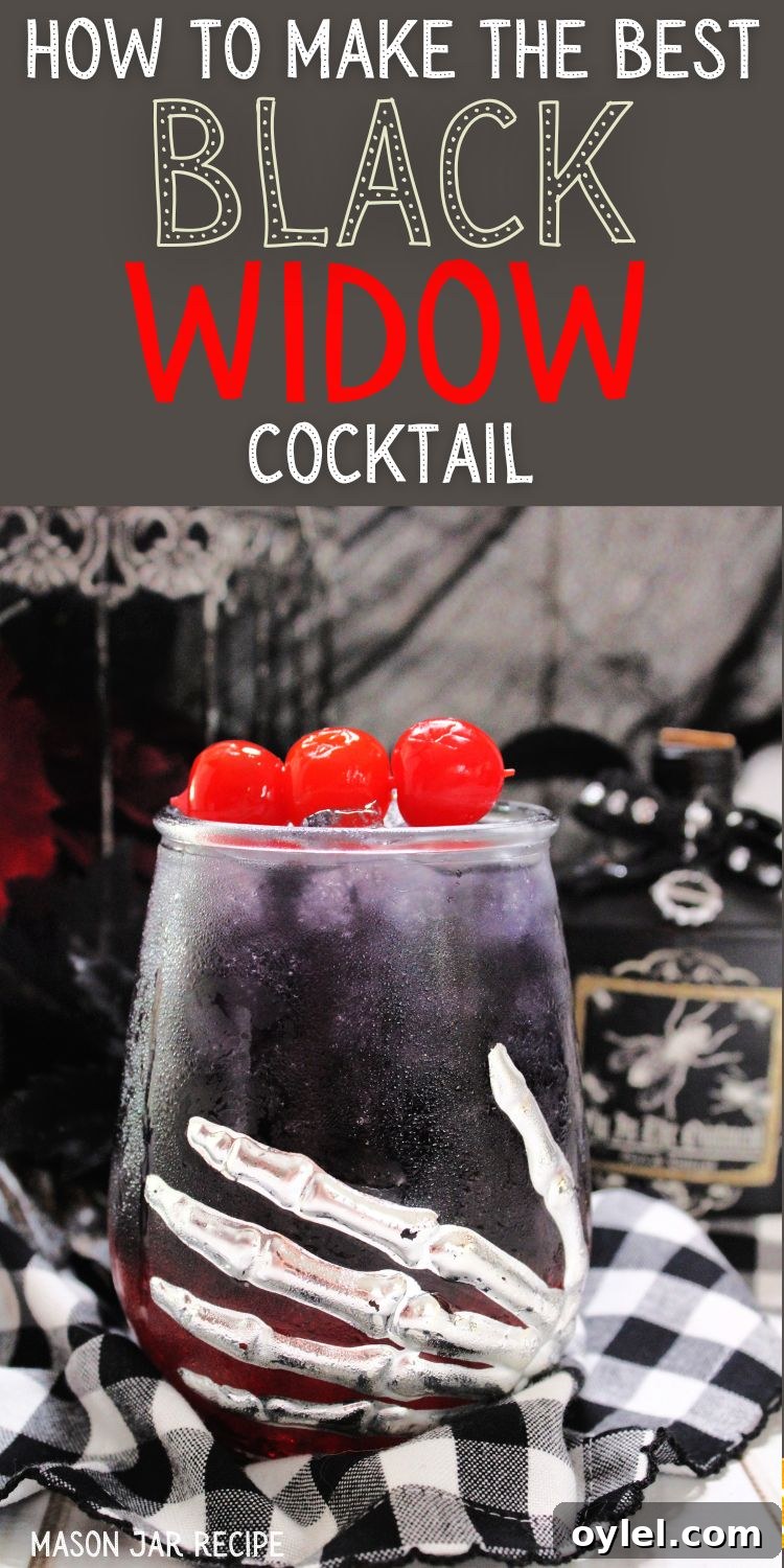 Black widow drink in a glass with text overlay.