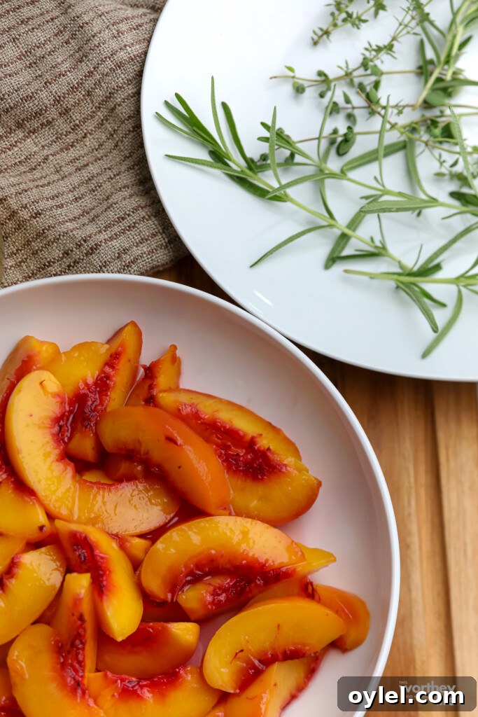 Brown Sugar Peach Glazed Salmon Recipe 5 Fresh peaches and fresh herbs on white plates