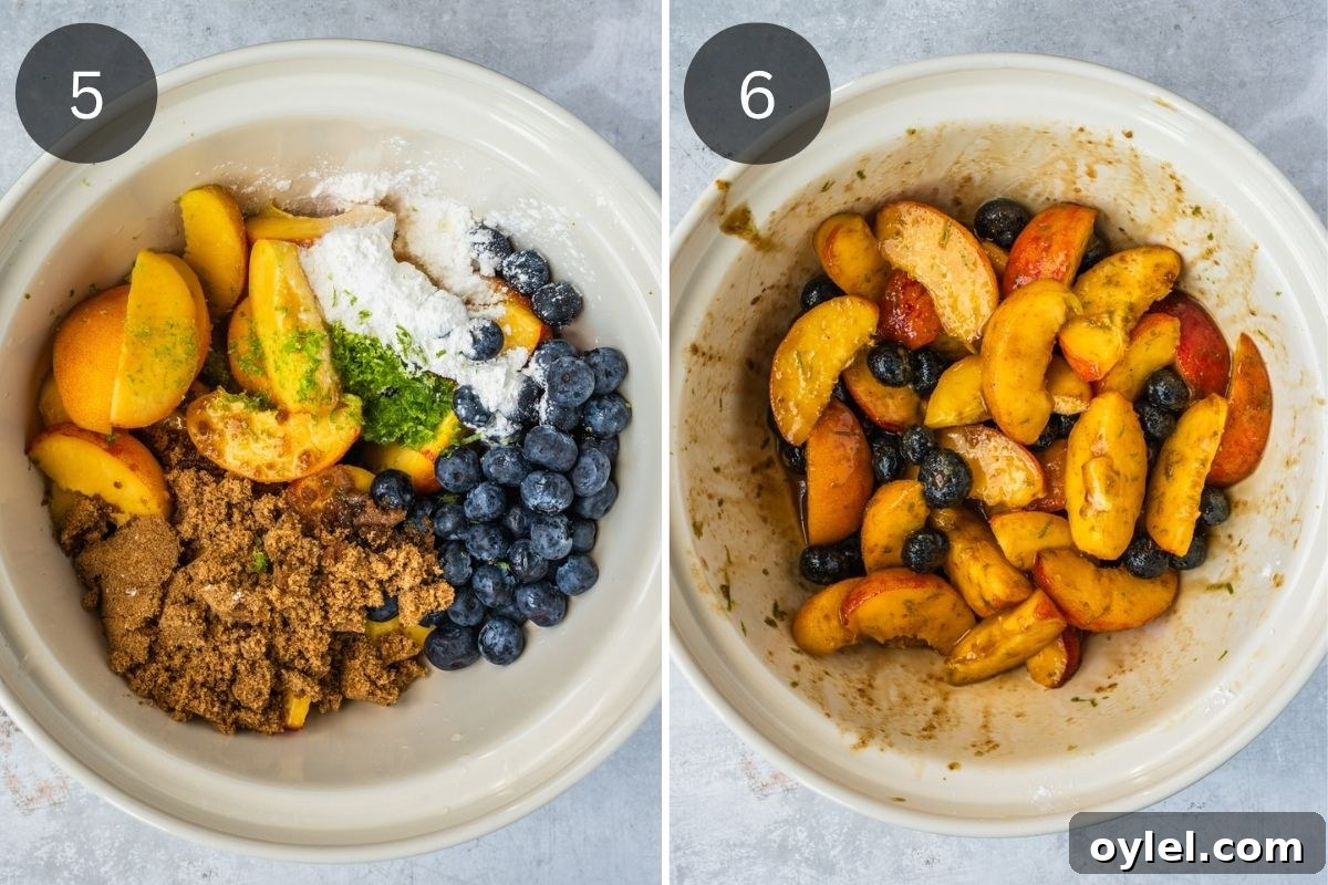 Blueberry Peach Galette Recipe with Lime and Brown Sugar 5 Bowl with sliced peaches, blueberries, sugar, cornstarch and lime.