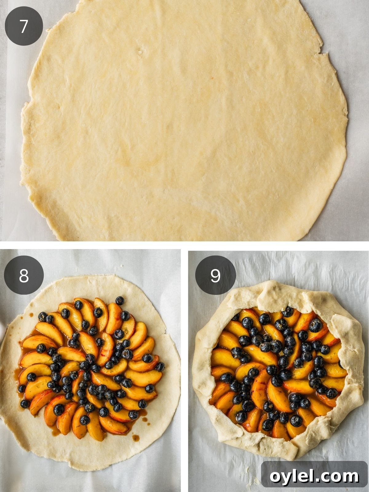 Blueberry Peach Galette Recipe with Lime and Brown Sugar 6 Dough flattened and topped with fruit mixture; edges folded into galette shape.