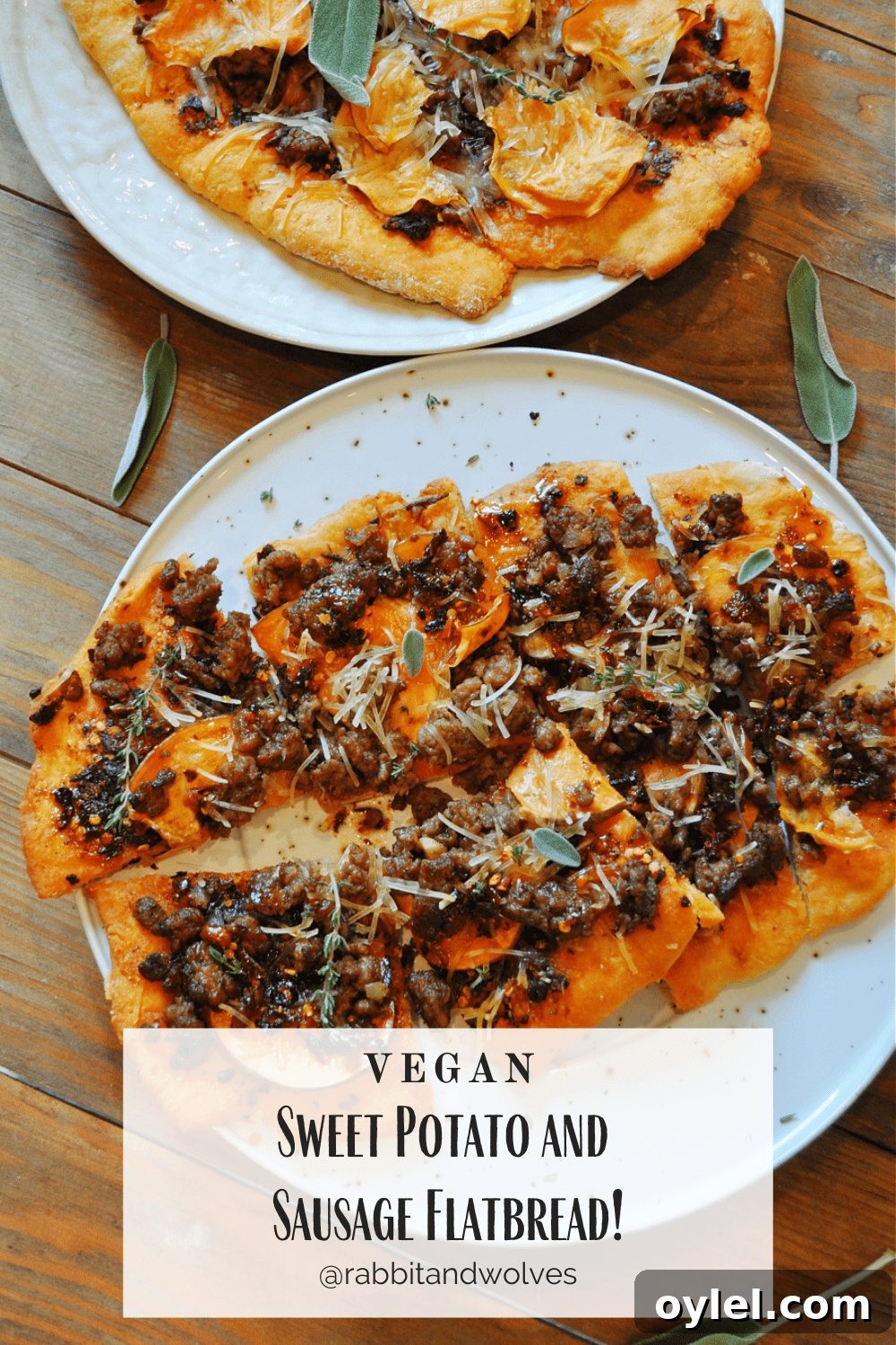 Sliced vegan flatbread on a wooden board