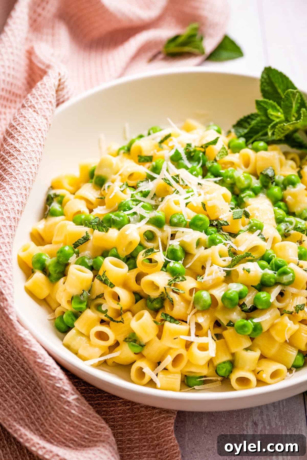 Pasta e Piselli Recipe: Classic Italian Pasta with Peas 2 Pasta e Piselli plated with Pecorino and mint