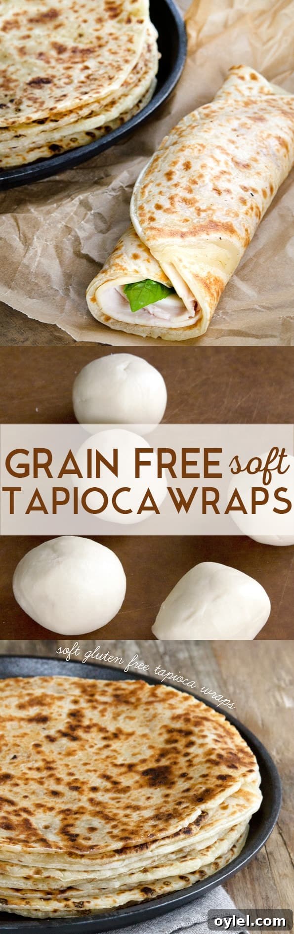 Soft Grain-Free Tapioca Wrap Recipe 6 Raw balls of soft tapioca wrap dough and image of one wrap made into a sandwich