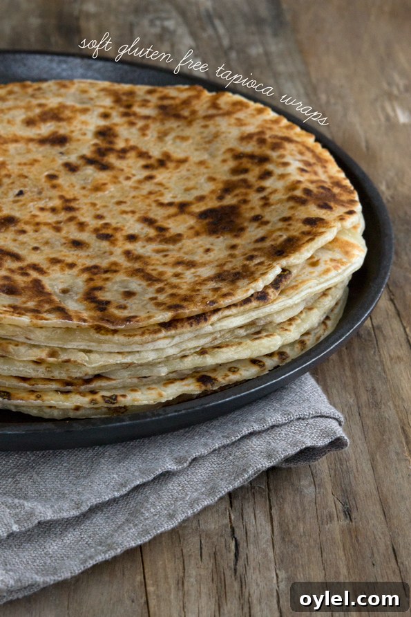 Soft Grain-Free Tapioca Wrap Recipe 7 Stack of soft tapioca wraps in a stack on a skillet