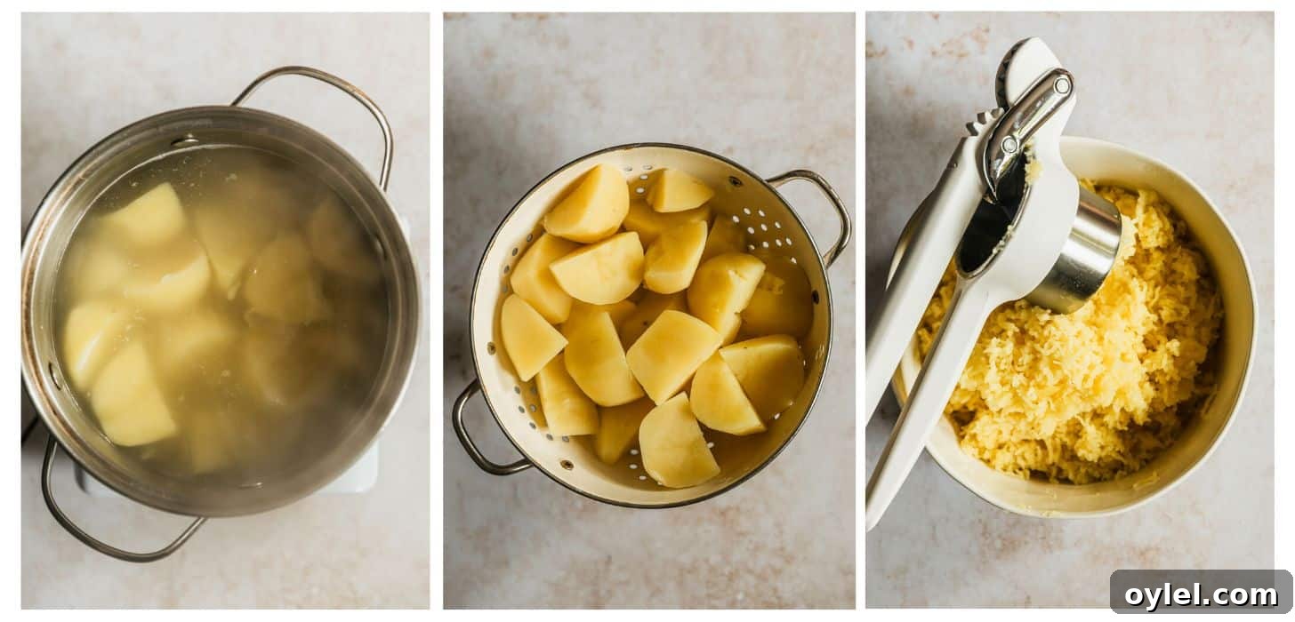 Creamy Cheesy Garlic Mashed Potatoes Recipe 3 Three steps to ricing potatoes. In photo 1, potatoes are boiling in a silver pot on a beige counter. In photo 2, the potatoes are drained in a colander. In photo 3, the potatoes are being riced into a white bowl.
