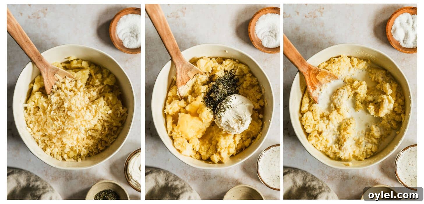Creamy Cheesy Garlic Mashed Potatoes Recipe 4 Three steps to making cheesy garlic mashed potatoes. In photo 1, a bowl of riced potatoes and cheddar is on a beige counter next to a wood bowl of salt, white bowl of rosemary, and beige linen. In photo 2, the potatoes have rosemary and creme fraiche in them. In photo 3, the potatoes are being mixed with half and half.