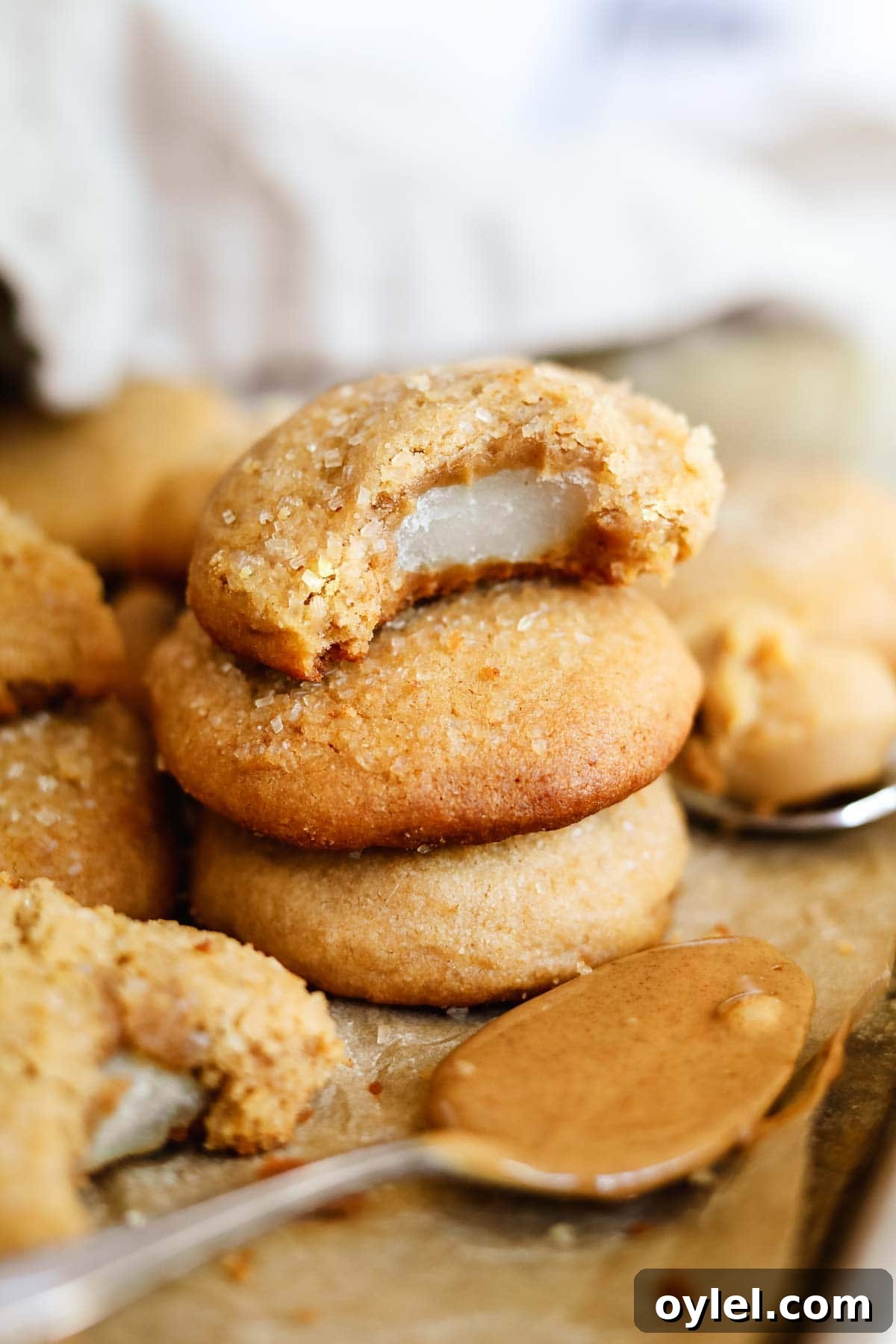 Chewy Miso Peanut Butter Mochi Cookies 2 Mochi-stuffed peanut butter and miso cookies stacked with a bite taken out.