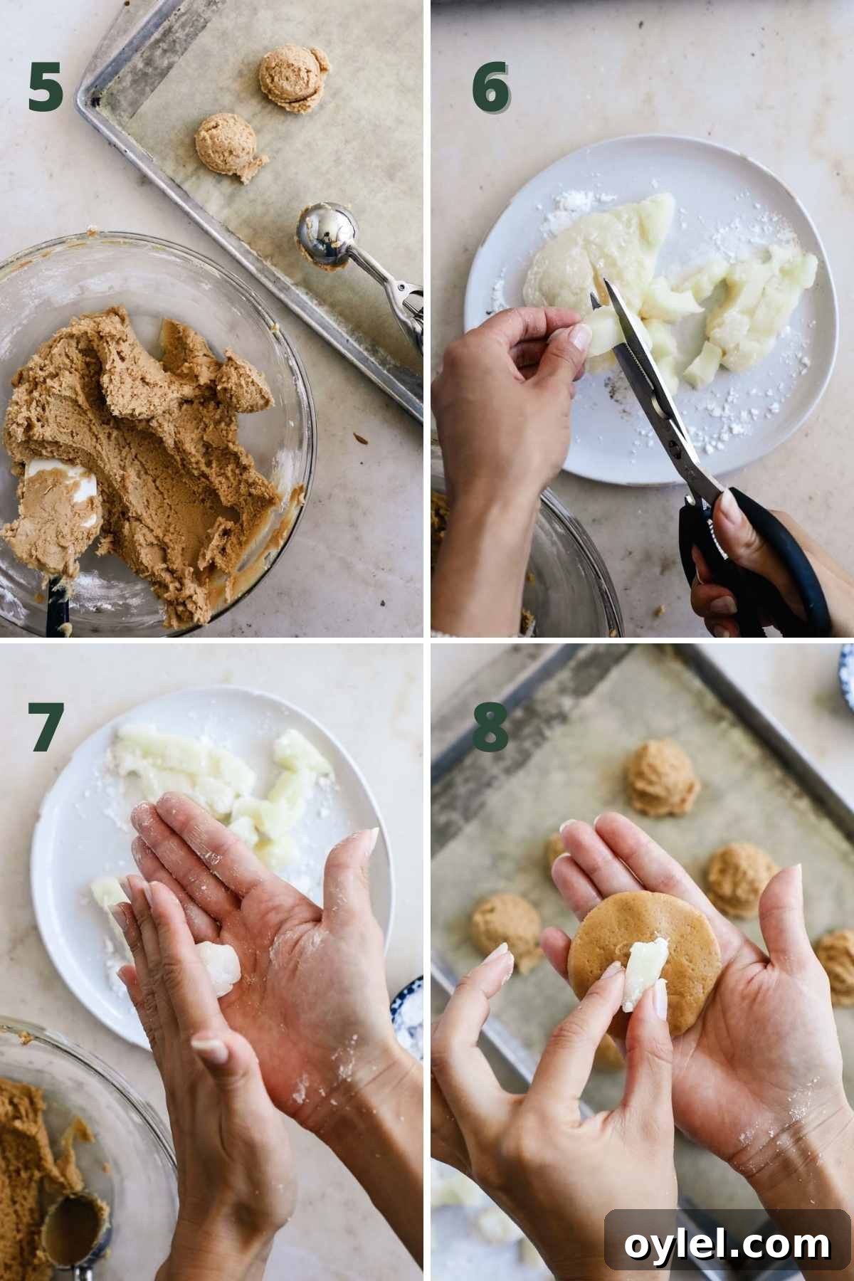 Chewy Miso Peanut Butter Mochi Cookies 5 Steps to make mochi peanut butter cookies with miso, including making the dough balls, rolling the mochi, and stuffing the cookie dough with the mochi.