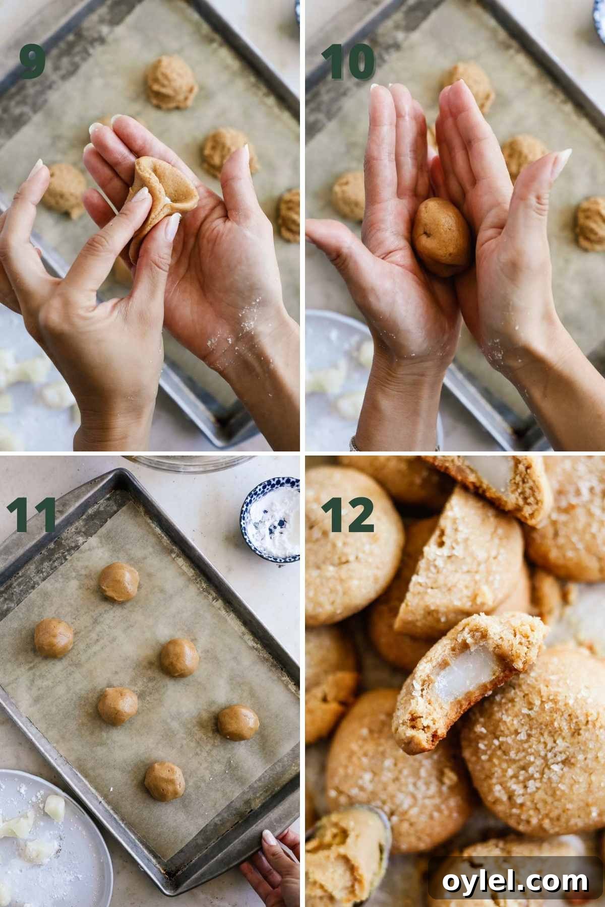 Chewy Miso Peanut Butter Mochi Cookies 6 Steps to make mochi-stuffed peanut butter cookies, including adding the mochi to the center, rolling the dough into a ball, placing on a sheet, and baking.