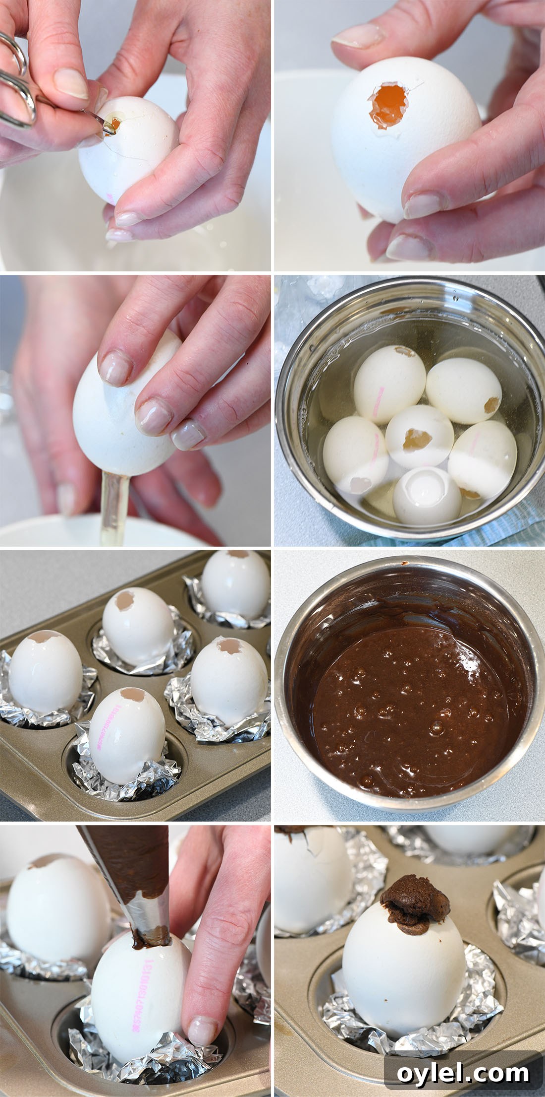 A step-by-step photo tutorial showing how to make brownies baked inside eggshells, from emptying and cleaning the shells to filling them with brownie batter and baking them in a muffin tin.