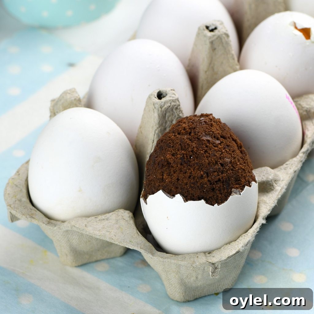 A carton of white eggs with one unique egg featuring a baked chocolate brownie inside, slightly overflowing from the cracked eggshell. The background has a pastel blue polka dot pattern.