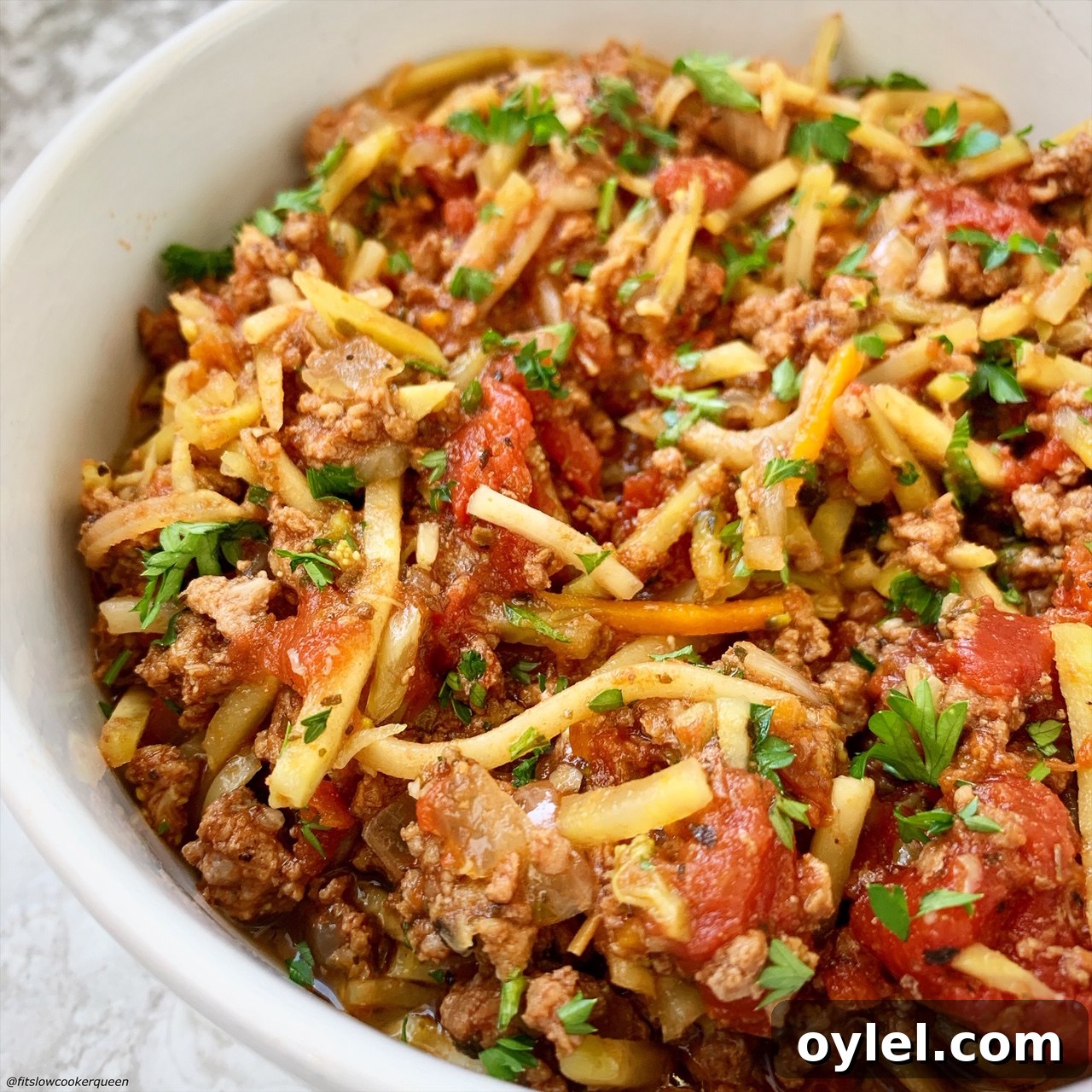 close up pic of slawghetti in a bowl after cooking