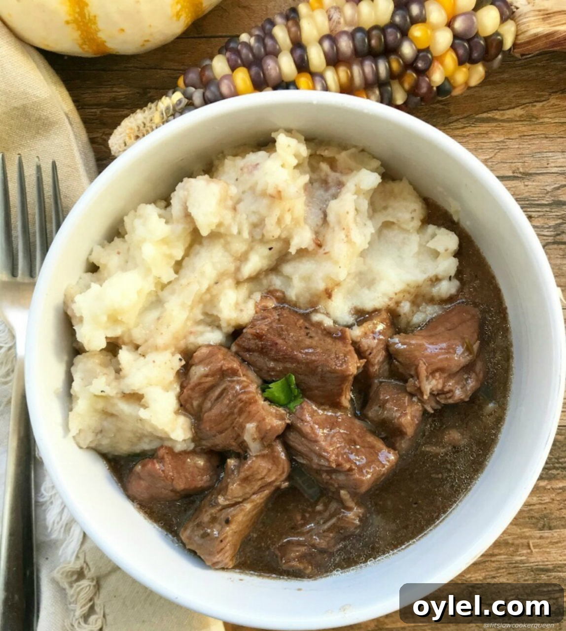 Beef tips cook with a homemade gravy in this slow cooker recipe. Comfort food made healthy! This recipe is both paleo and whole30 compliant.