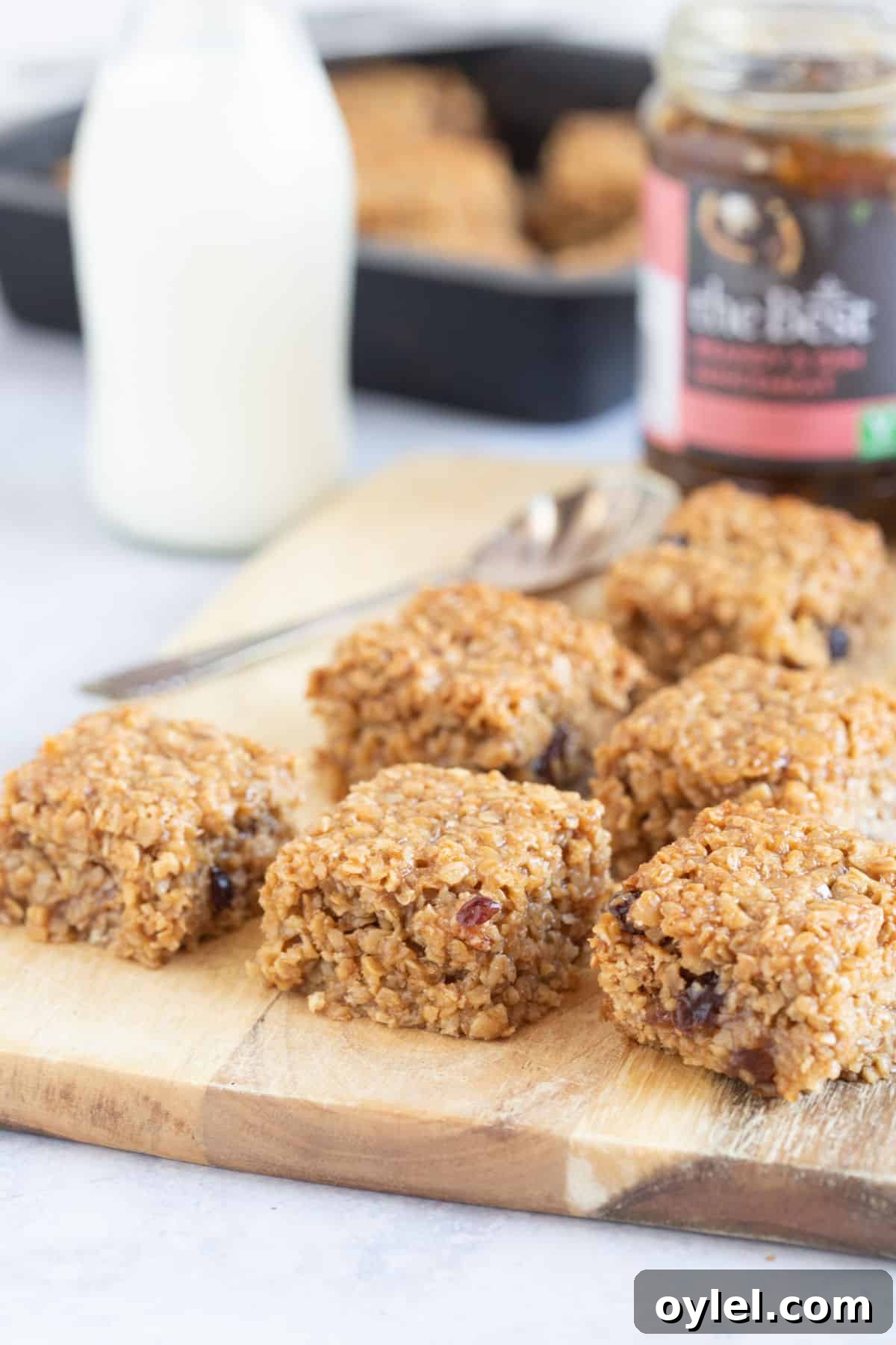 Mincemeat flapjacks bars on a wooden board.
