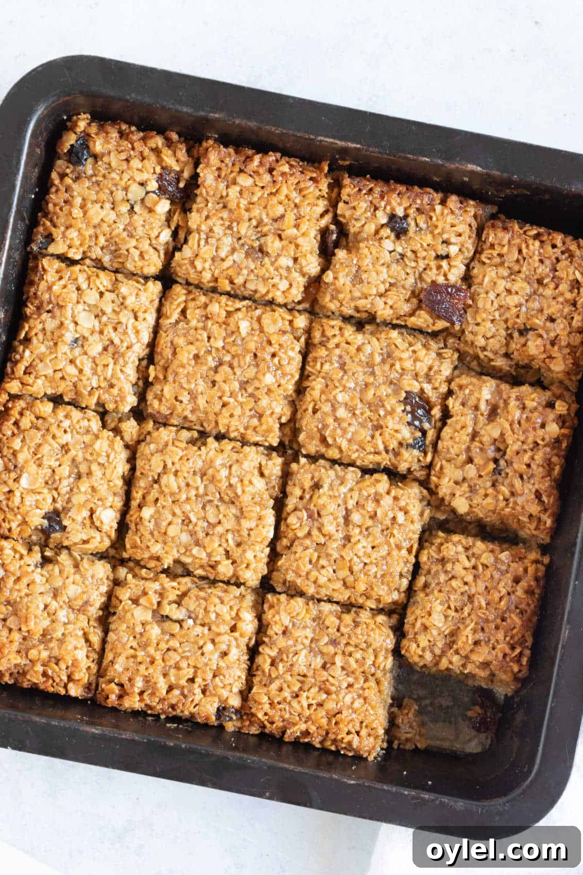 Mincemeat flapjacks in a baking tin.