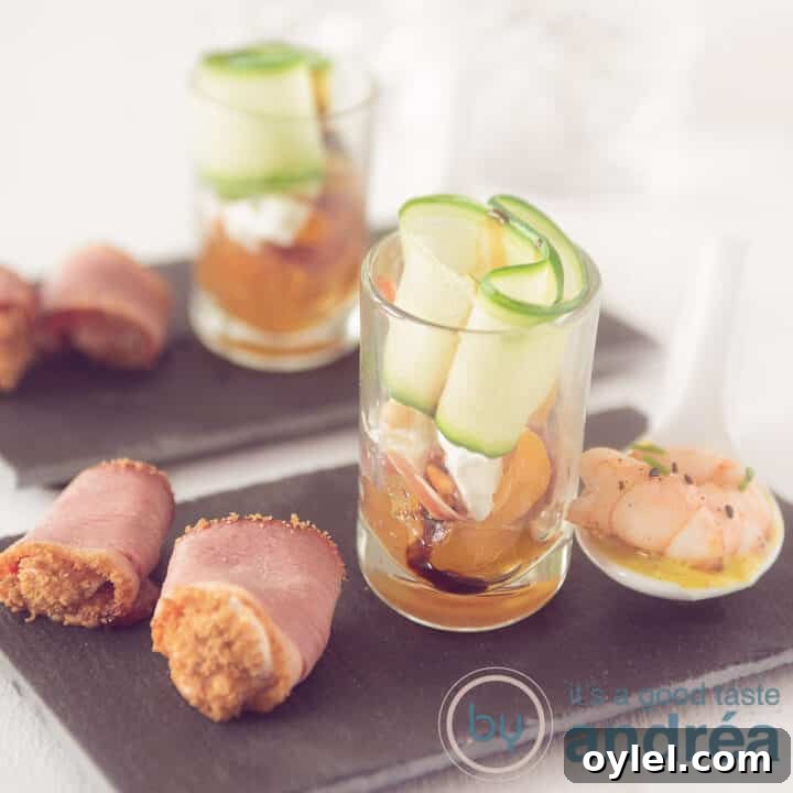 A square photo with two black pictures in a row, each with three appetizers, a roll, a salad and a spoon snack