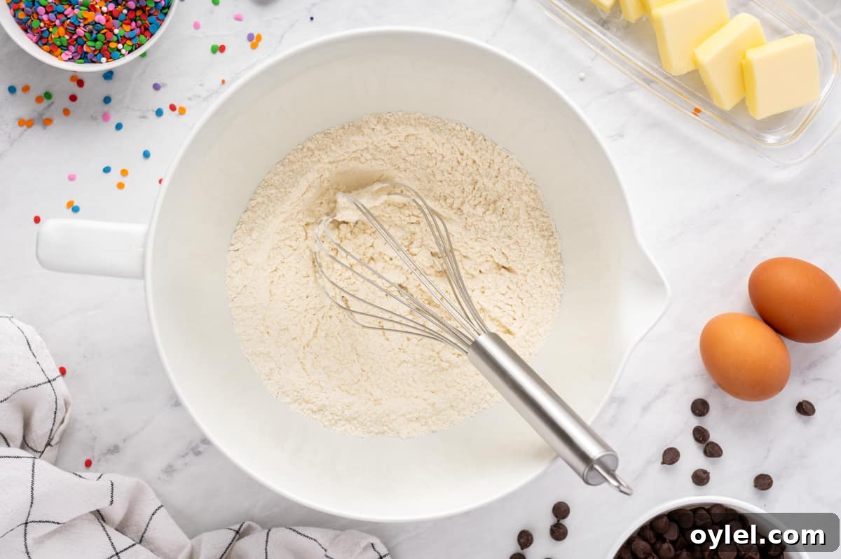 How to Make a Chocolate Chip Cookie Cake 16 dry ingredients in a white bowl with a whisk