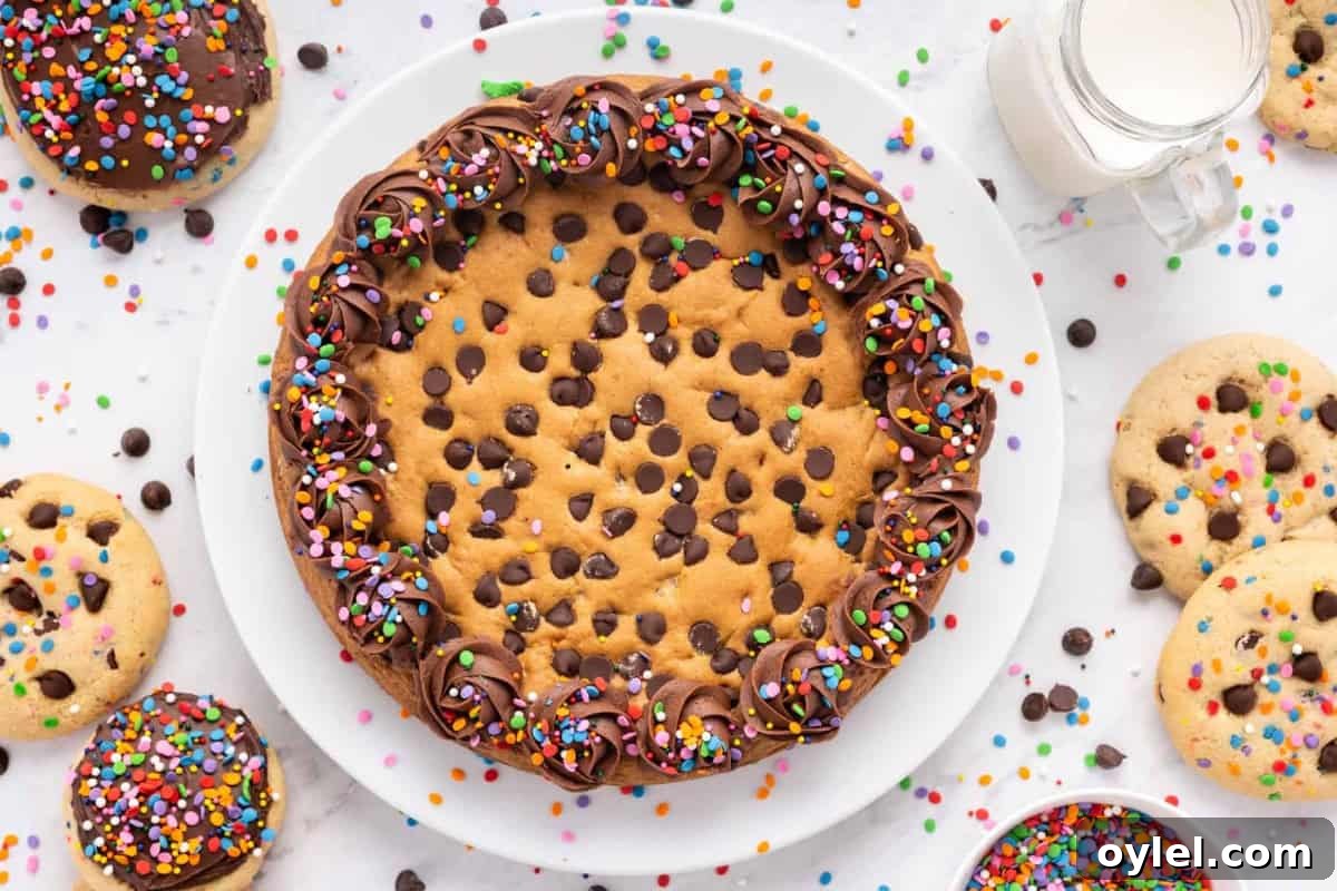 How to Make a Chocolate Chip Cookie Cake 3 overhead view of a chocolate chip cookie cake topped with a ring of chocolate frosting and colorful sprinkles.