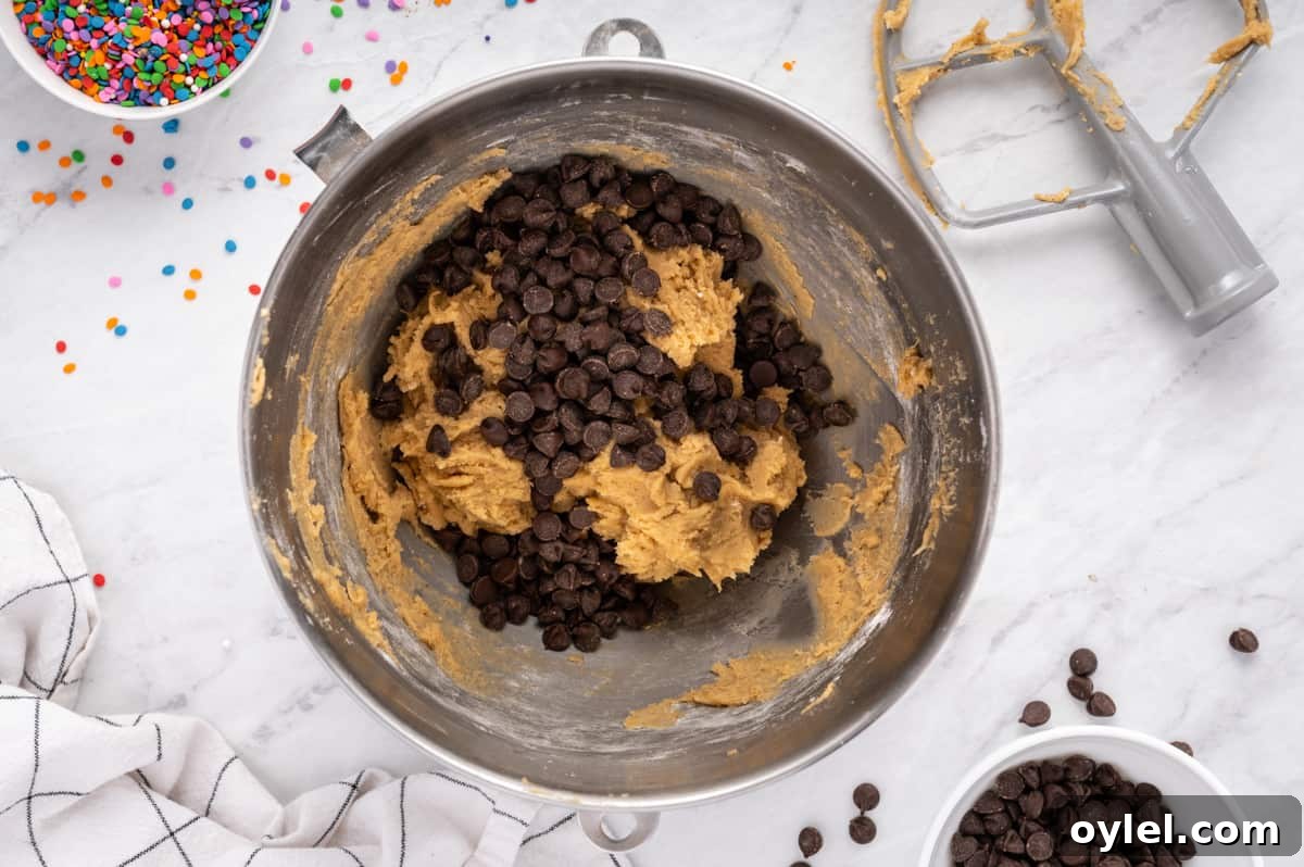 How to Make a Chocolate Chip Cookie Cake 21 chocolate chips added to cookie cake batter in a metal bowl