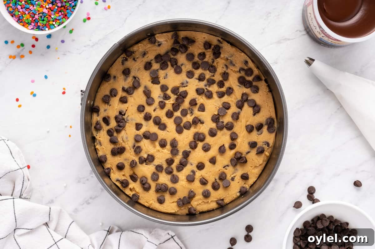 How to Make a Chocolate Chip Cookie Cake 22 chocolate chip cookie cake in a pan before baking