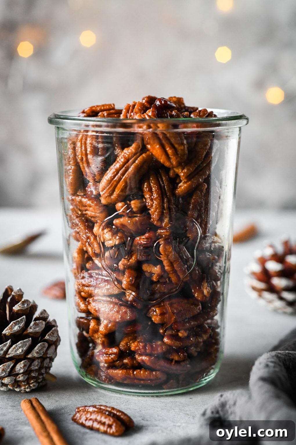 Maple Candied Pecans Recipe 2 Close up shot of a tall weck jar filled with candied pecans. With a dark grey background, surrounded by a few festive pinecones and cinnamon stick.