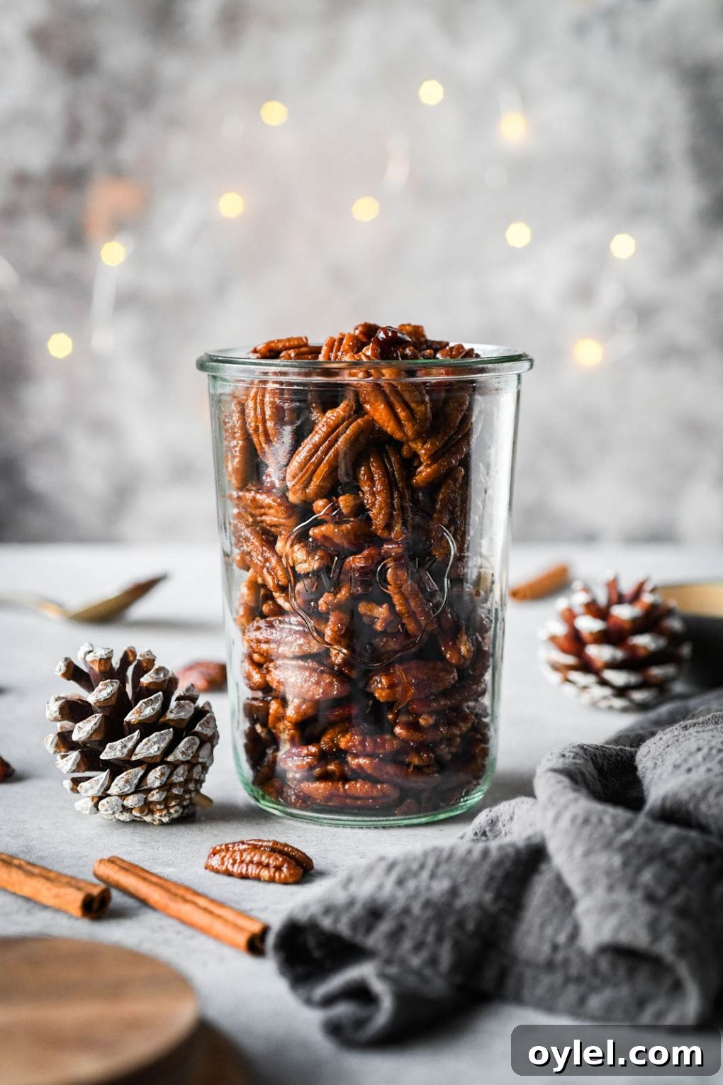 Maple Candied Pecans Recipe 7 Straight on shot of a tall weck jar filled with candied pecans. With a dark grey background, surrounded by a few festive pinecones and cinnamon stick.