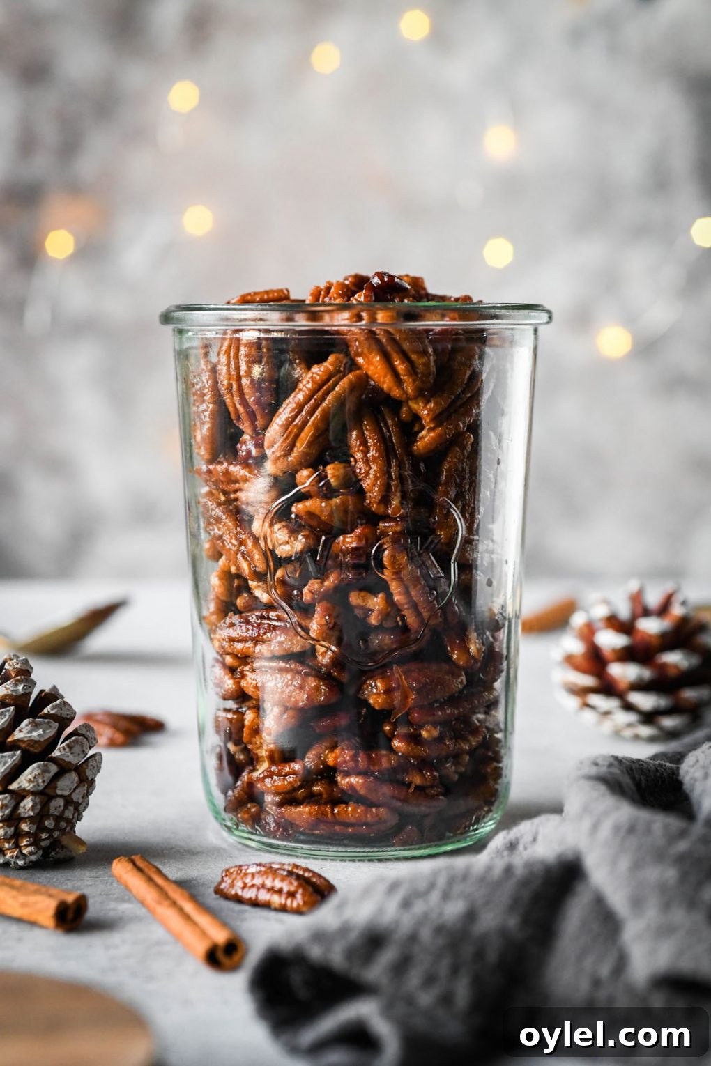 Maple Candied Pecans Recipe 8 Close up shot of a tall weck jar filled with candied pecans. With a dark grey background, surrounded by a few festive pinecones and cinnamon stick.
